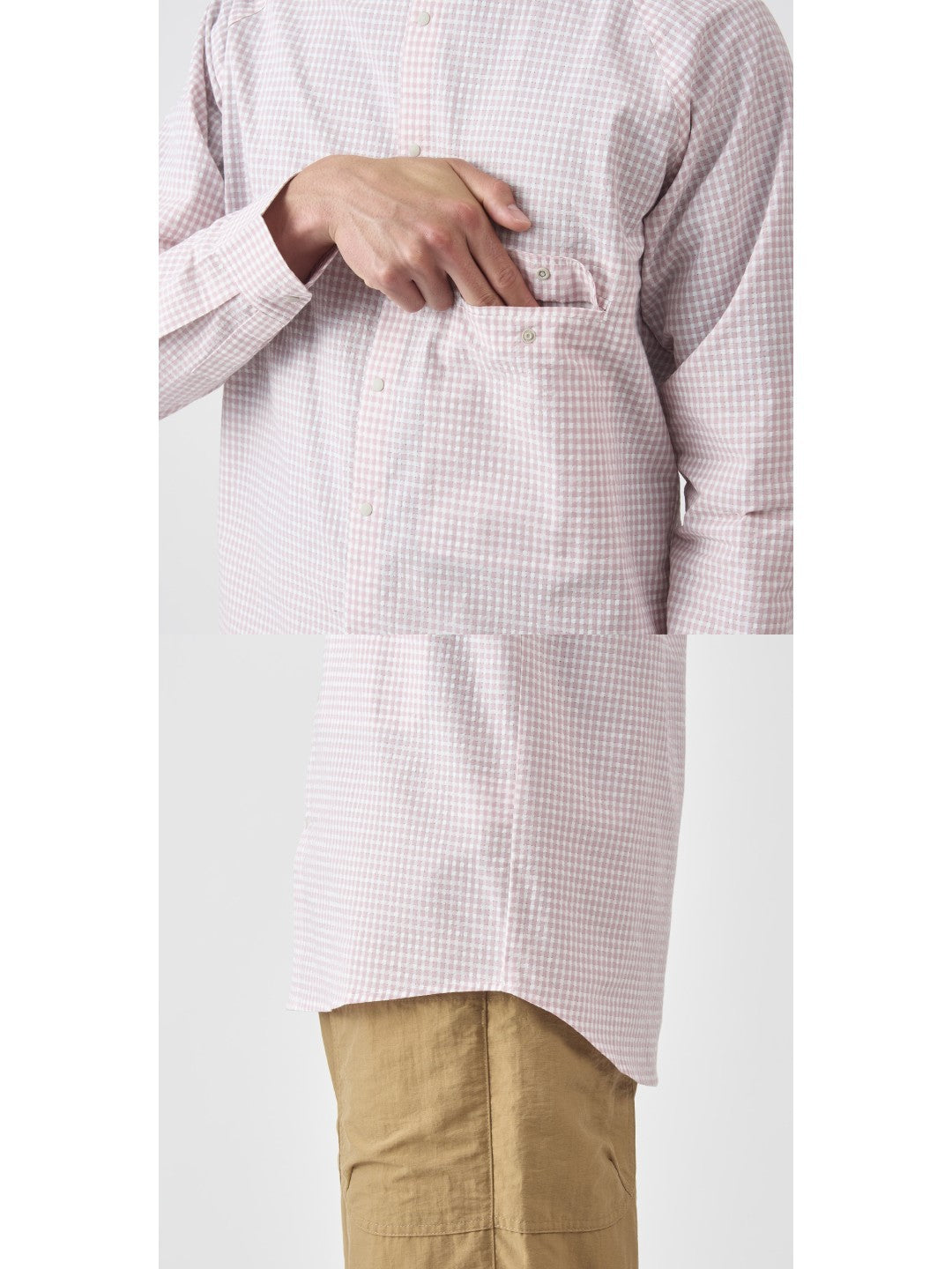 ギンガムサッカーのバンドカラーシャツ #コスモス [21116]｜AXESQUIN