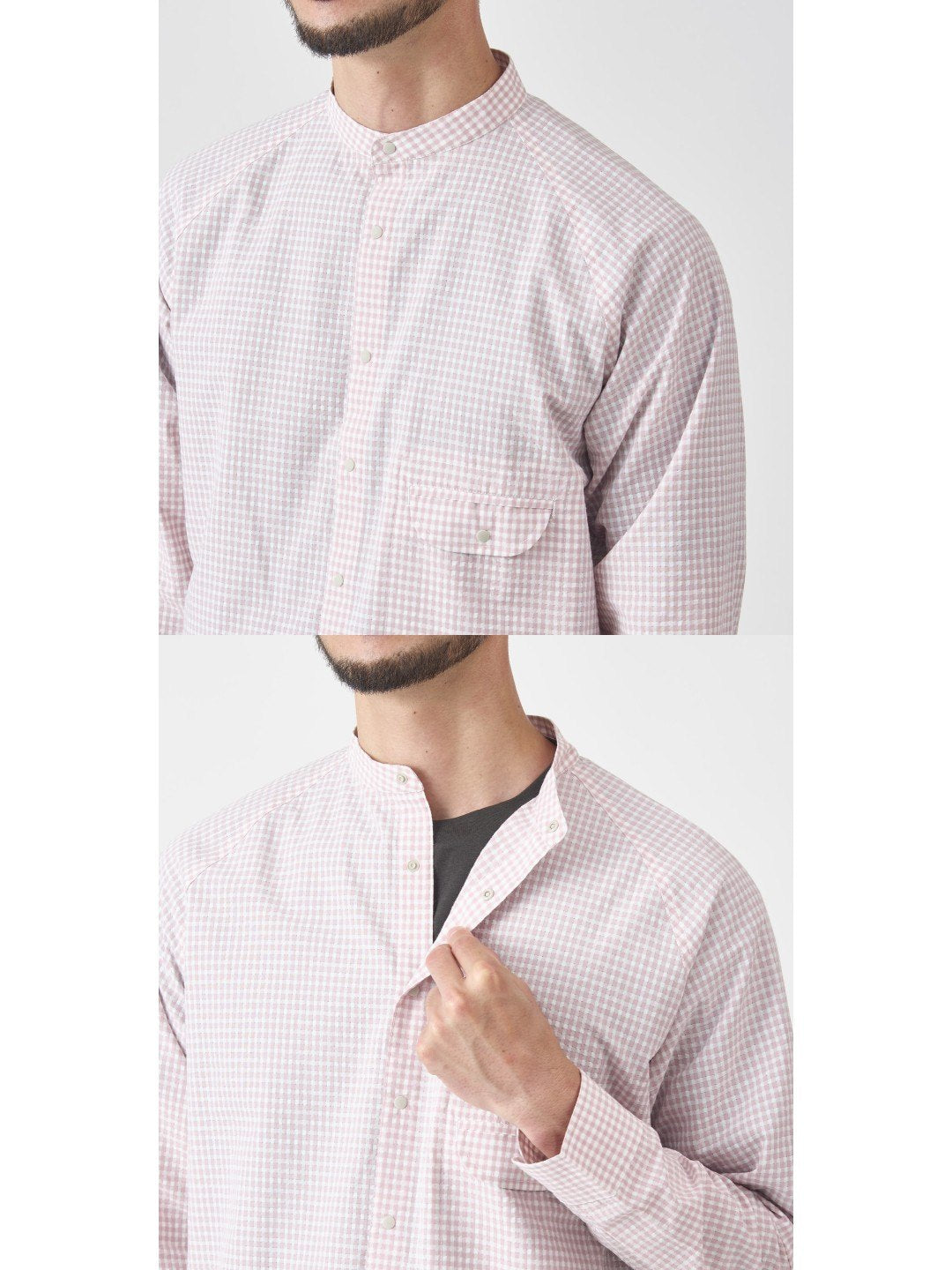 ギンガムサッカーのバンドカラーシャツ #コスモス [21116]｜AXESQUIN